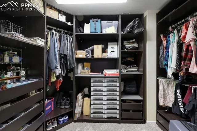 a view of walk in closet with clothes and shoes