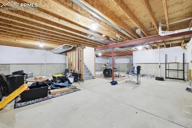 a view of a backyard with potted plants and large trees