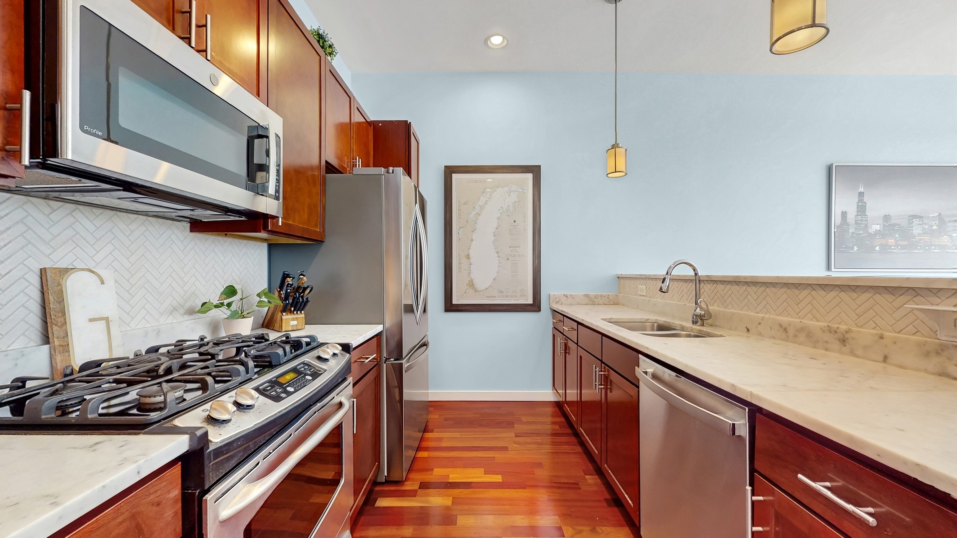 3920 North Sheridan Road, Unit 411 Chicago, IL 60613 - Photo 3 of 28 a kitchen with stainless steel appliances granite countertop a stove and a sink