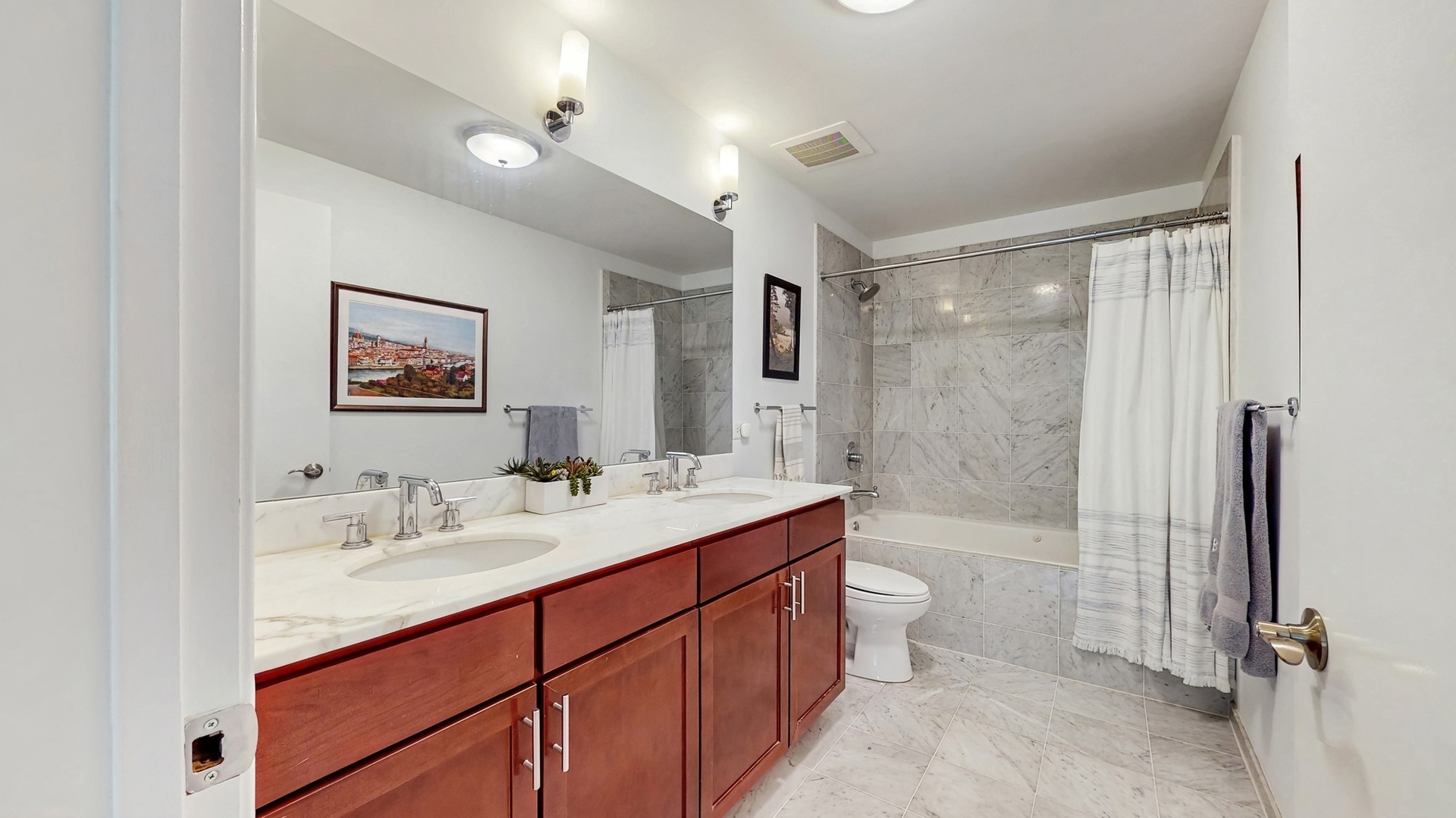3920 North Sheridan Road, Unit 411 Chicago, IL 60613 - Photo 6 of 28 a bathroom with a double vanity sink toilet mirror and shower