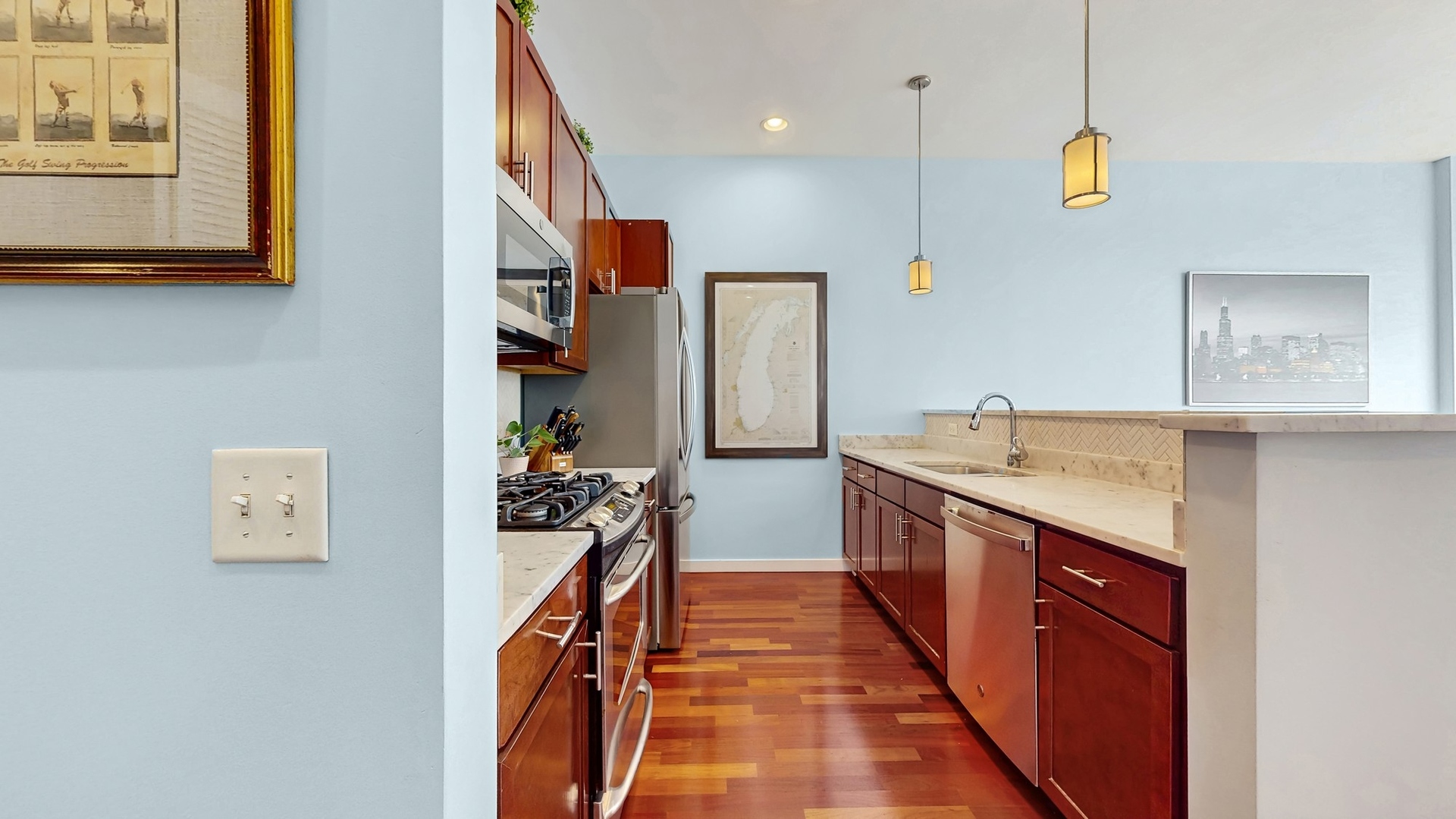 3920 North Sheridan Road, Unit 411 Chicago, IL 60613 - Photo 7 of 28 a kitchen with stainless steel appliances granite countertop a sink and stove