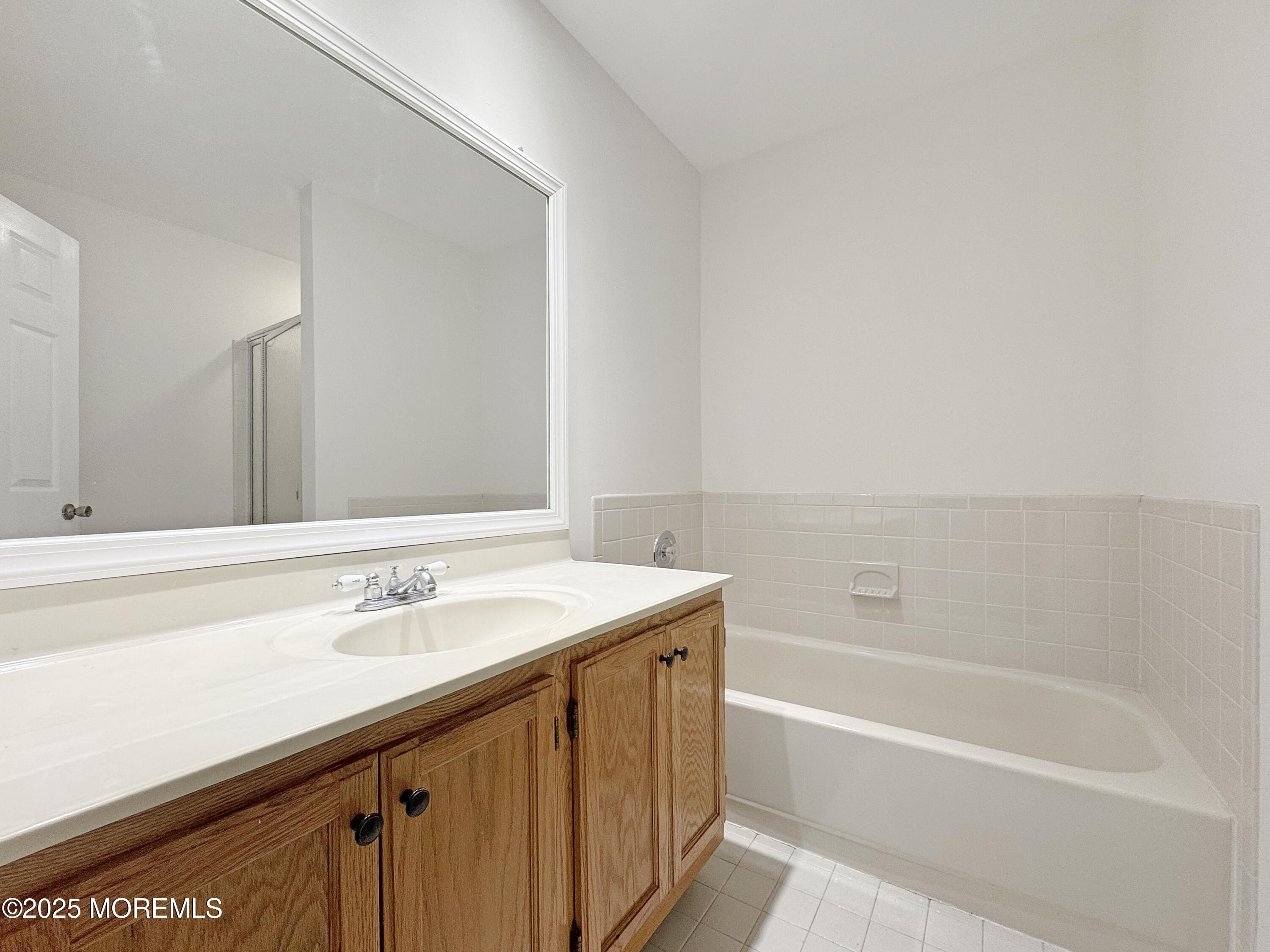 577 Windflower Court Morganville, NJ 07751 - Photo 22 of 27 a bathroom with a sink a mirror and a bathtub