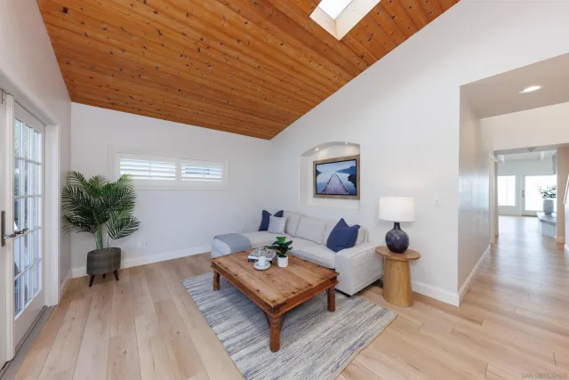 a living room with furniture and a potted plant