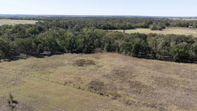 a view of a field with trees in the background