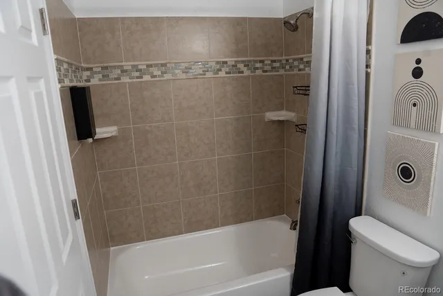 a bathroom with a shower and a toilet