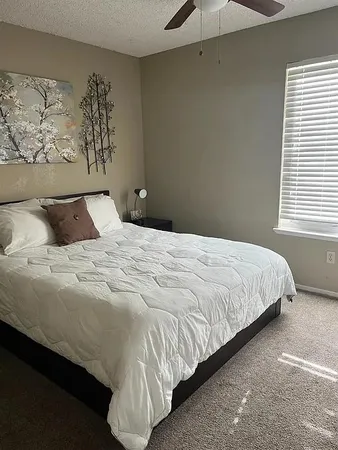 a bedroom with a bed and a window
