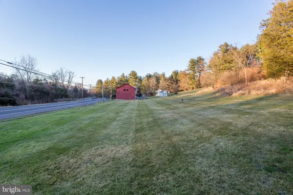 a view of a field with an trees