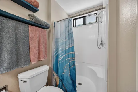 a white toilet sitting next to a shower
