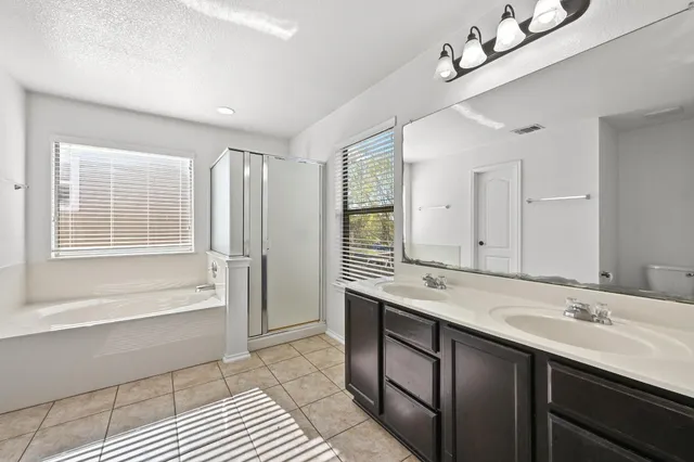 a bathroom with a tub a sink double vanity and a mirror