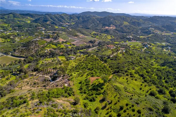 a view of a lush green field with mountains in the background