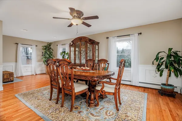 a view of a dining room with furniture