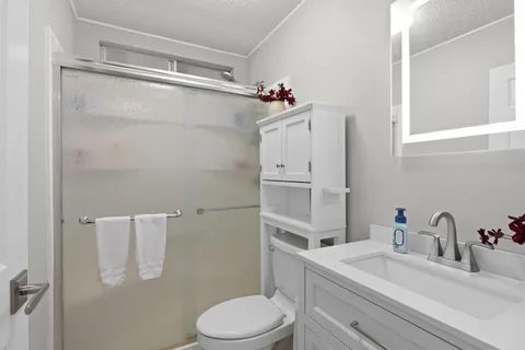 a bathroom with a sink a toilet and shower
