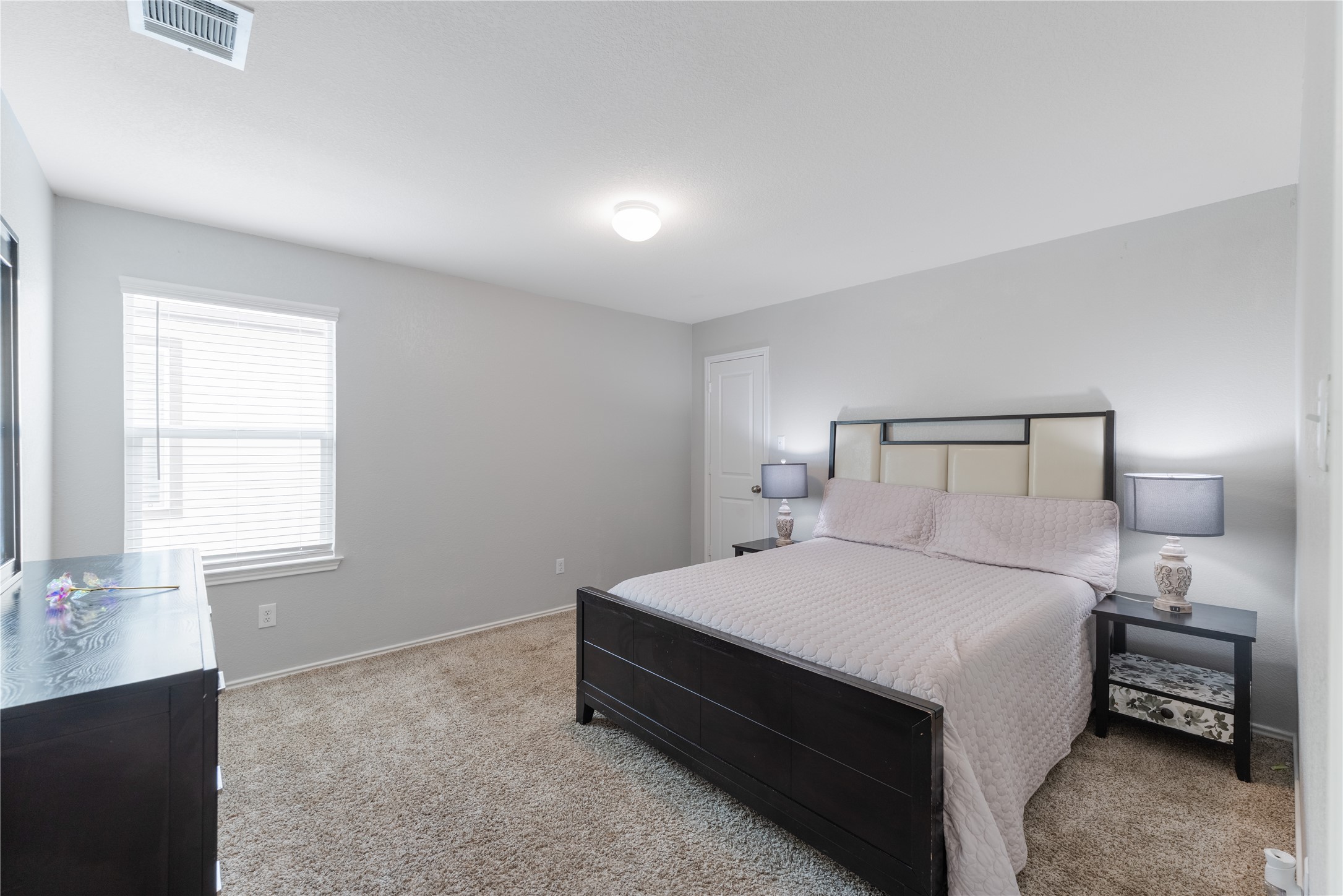 425 Perfect World Loop Jarrell, TX 76537 - Photo 17 of 29 Carpeted bedroom featuring neutral wall paint, a single window with blinds, and an overhead flush-mount light fixture