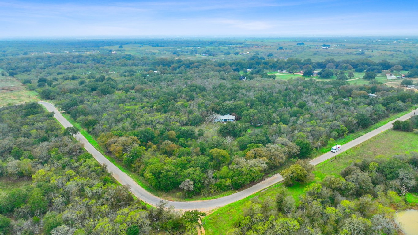 an aerial view of residential houses with outdoor space and trees