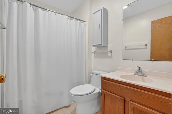 a bathroom with a sink a toilet and shower curtain