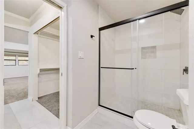 a bathroom with a shower and a toilet
