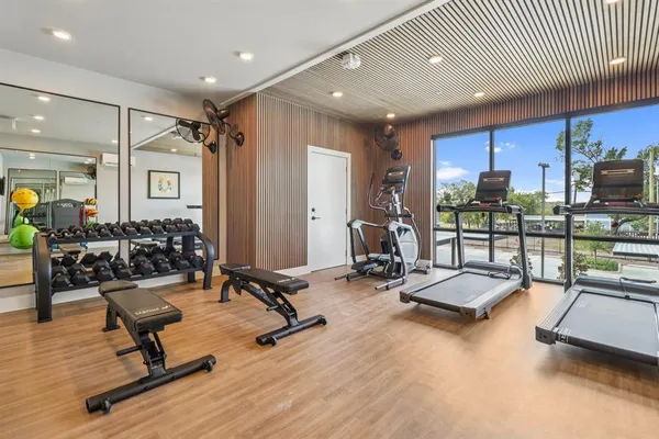 a view of a room with gym equipment
