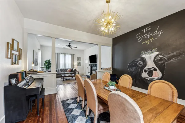 a view of a dining room with furniture