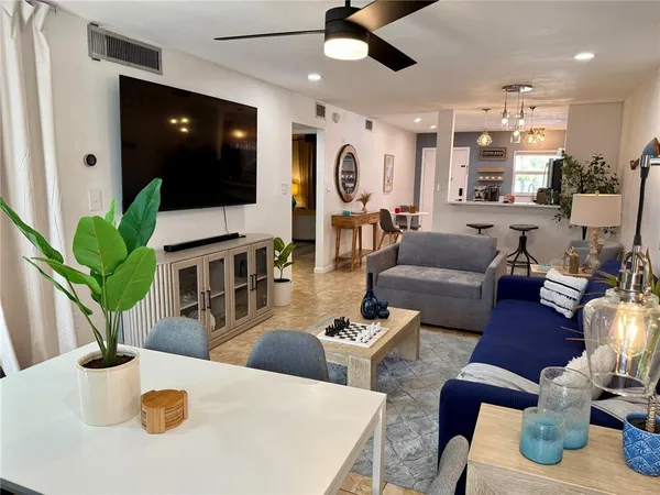 a living room with furniture potted plant and a flat screen tv