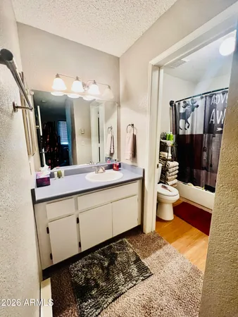 a bathroom with a double vanity sink a toilet a mirror and shower