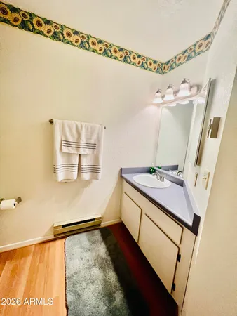a bathroom with a sink and a mirror