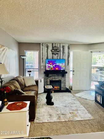 a living room with furniture a flat screen tv and a fireplace