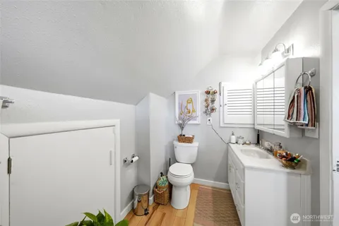 a bathroom with a sink a toilet and a shower curtain
