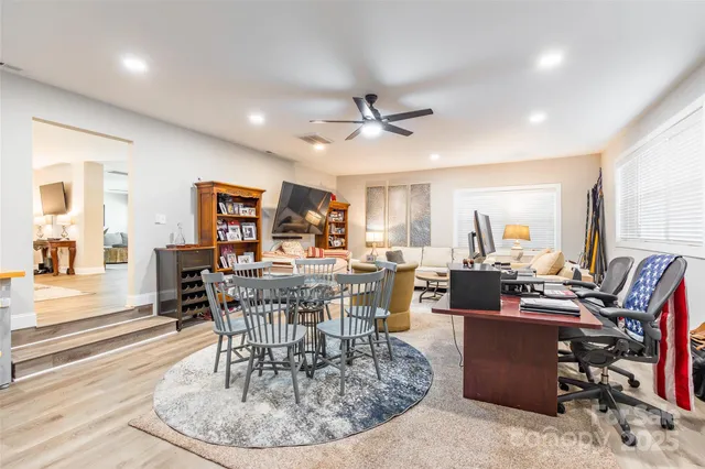 a view of a dining room with furniture