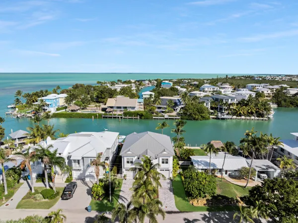 an aerial view of a residential houses with outdoor space and lake view in back