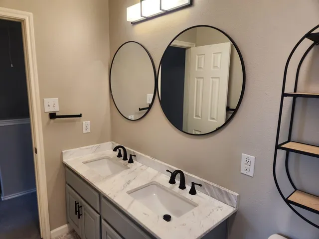 a bathroom with a sink and a mirror