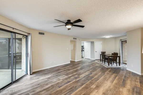 a view of a dining room with furniture