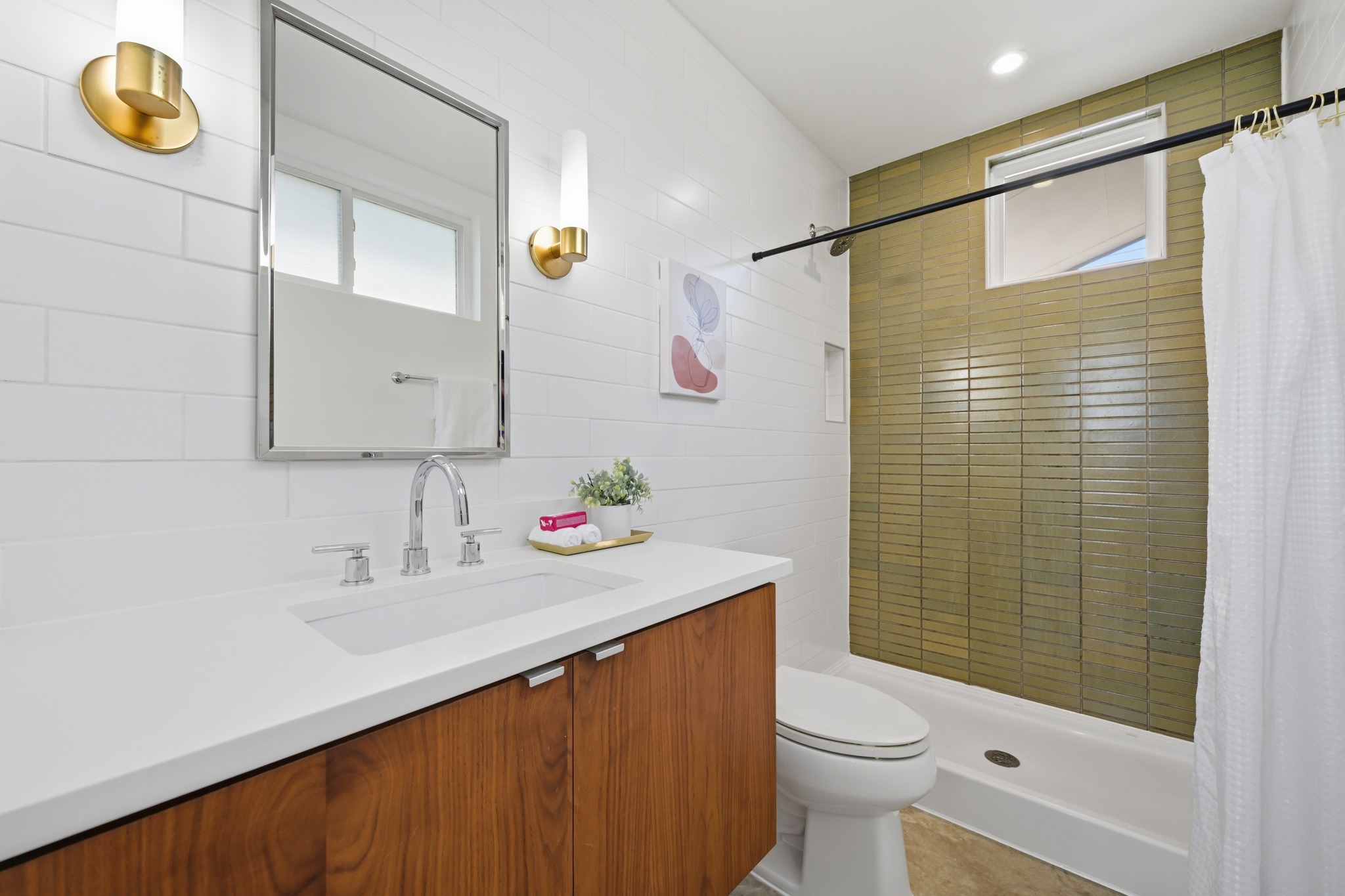 1805 Tillery Street Austin, TX 78721 - Photo 14 of 23 Full bathroom with vanity, a shower stall, tile walls, and recessed lighting