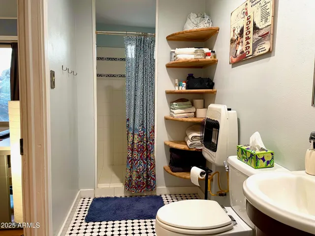 a bathroom with a toilet and a shower curtain