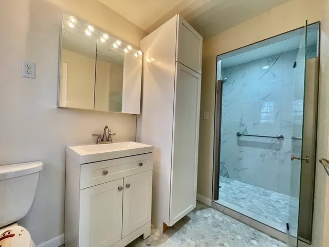 a bathroom with a sink a toilet and shower