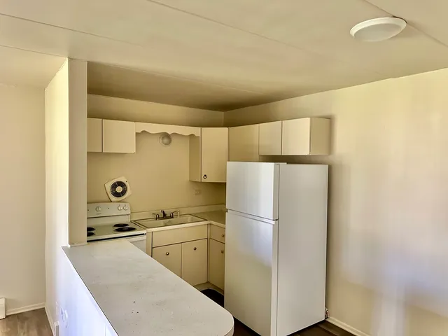 a kitchen with a refrigerator and a sink