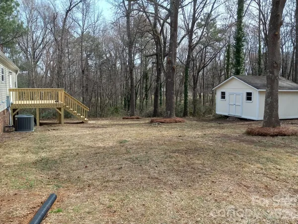 a view of backyard with small cabin