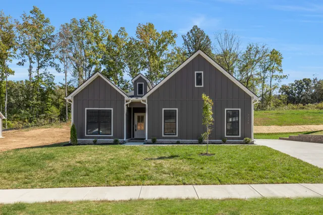 a front view of house with yard and green space
