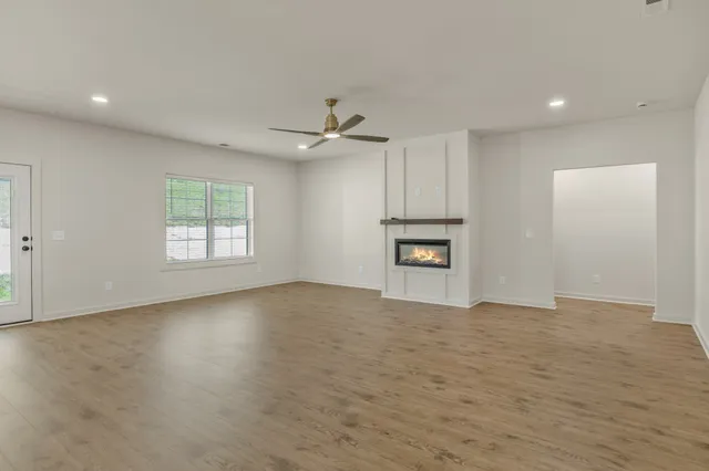 a living room with a fireplace