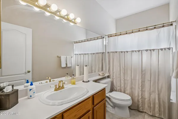 a bathroom with a sink toilet a mirror and shower curtain