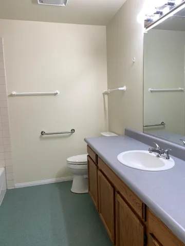 a bathroom with a granite countertop sink a toilet and a mirror
