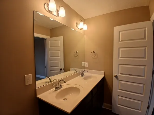 a bathroom with a sink vanity and a mirror