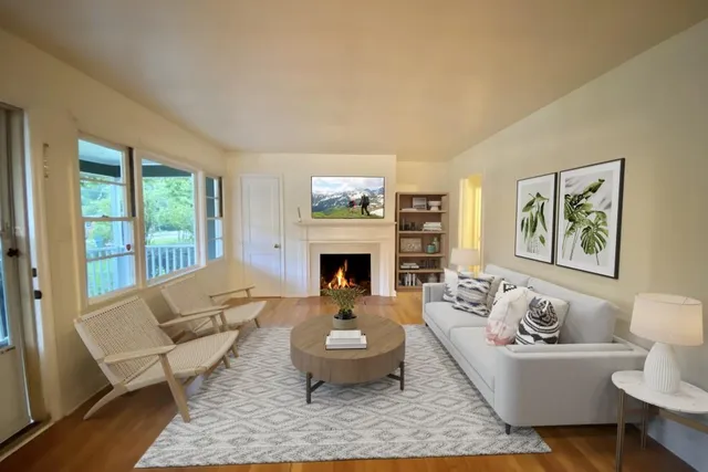 a view of a hallway with a kitchen