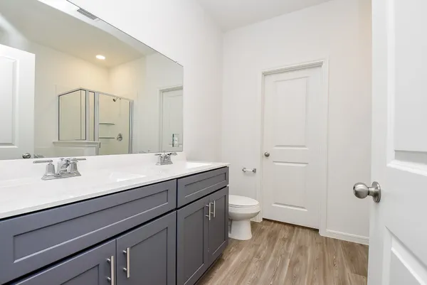 a bathroom with a sink a toilet a mirror and shower