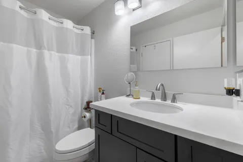 a bathroom with a sink a toilet and shower
