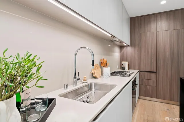 a kitchen with sink a potted plant and a wooden floor