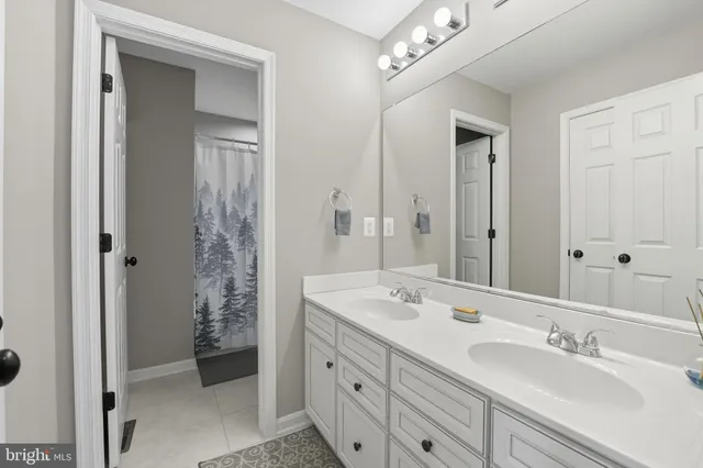 a bathroom with a double vanity sink mirror and shower