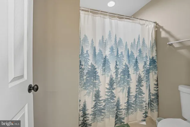 a bathroom with a shower curtain and a toilet