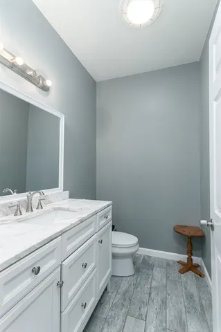 a bathroom with a sink a toilet and a mirror