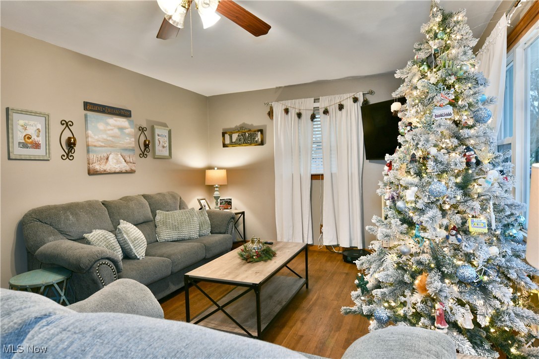 Living area featuring wood finished floors and ceiling fan