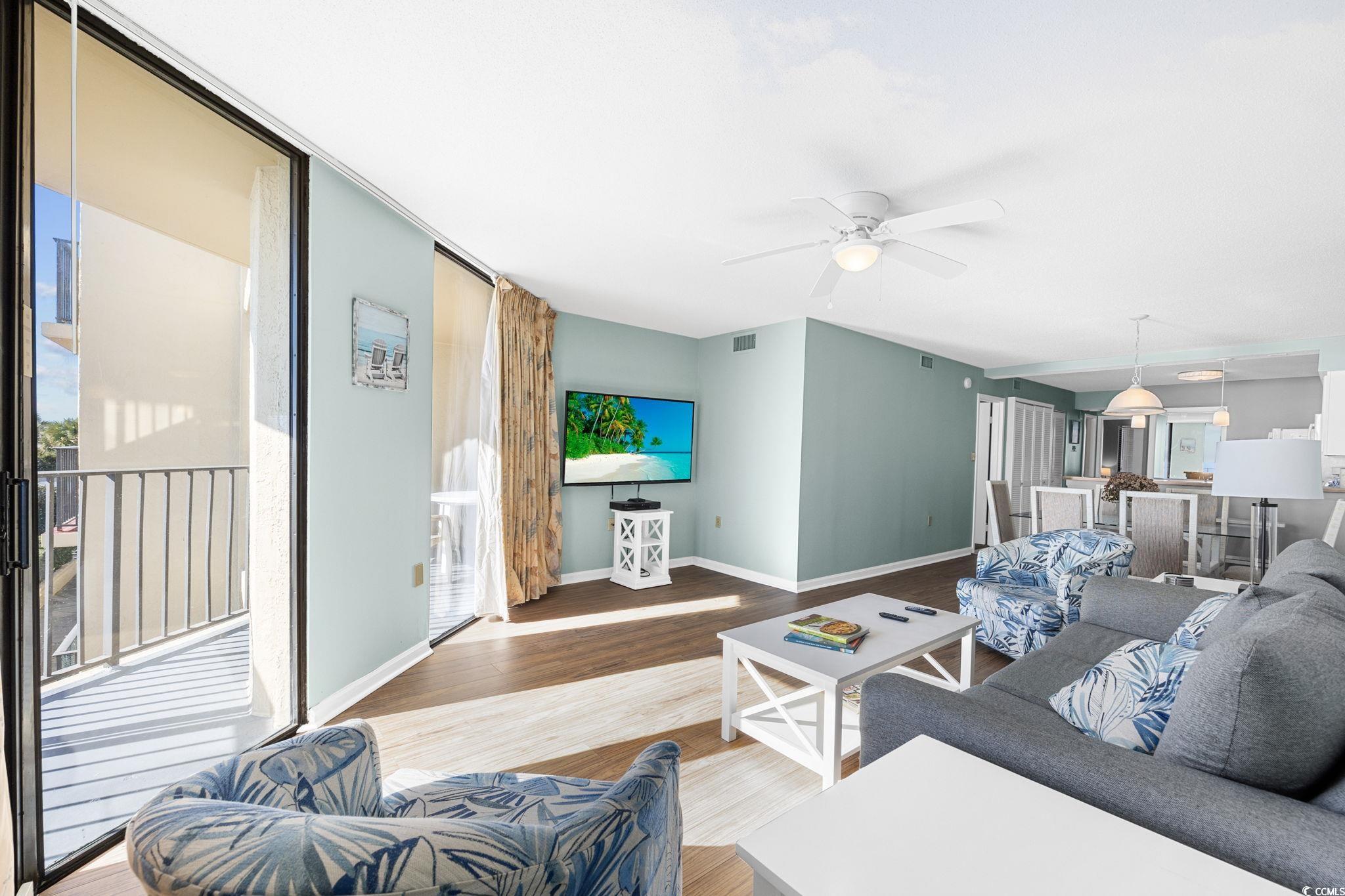 4701 South Ocean Boulevard, Unit 2B North Myrtle Beach, SC 29582 - Photo 13 of 31 Living room featuring wood finished floors and ceiling fan
